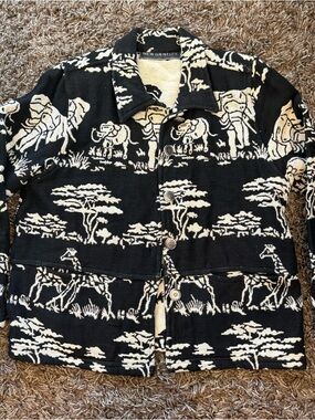 Vintage New Identity Safari Jacket Black Ivory Elephants Giraffes Size Medium